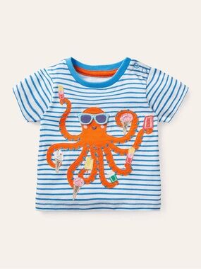 NWT Baby Boden blue and white striped octopus T shirt 6-9M